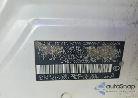 2009 Lexus Es 350 z USA, uszkodzony, nr VIN JTHBJ46G292285799